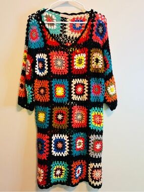 Boho Multicolor Crochet V‑Neck Sweater Dress - Black Trim